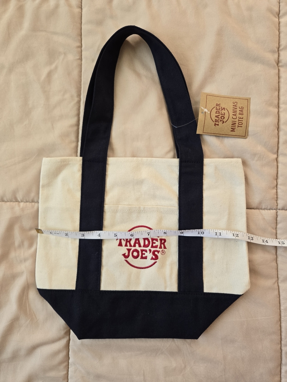NWT Trader Joe's Mini Canvas Tote Bag, Natural Color, Navy Straps and Red Logo - Picture 4 of 6